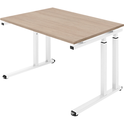 Light brown desk with white metal frame, photographed in perspective.