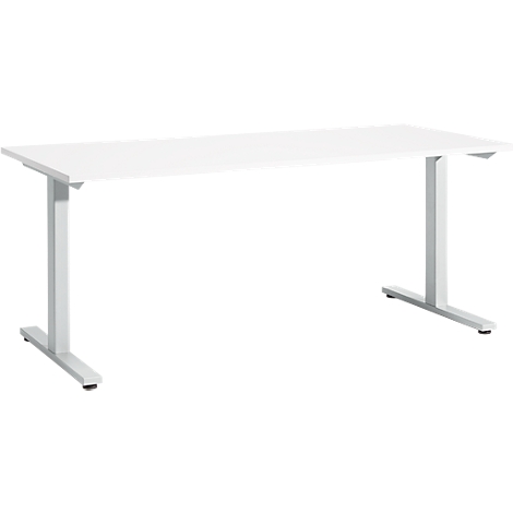 White, rectangular desk with metal-colored, T-shaped legs. The table stands on a white background.