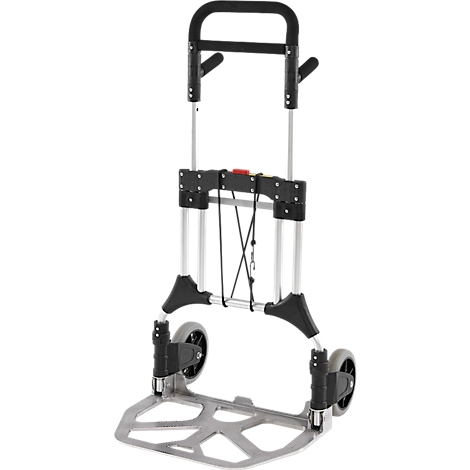 Schäfer Shop Select Diable, capacité de charge 200 kg, pliable, poignées pivotantes, sangle de serrage, 2 roues fixes, aluminium/plastique, rouge-noir-argenté