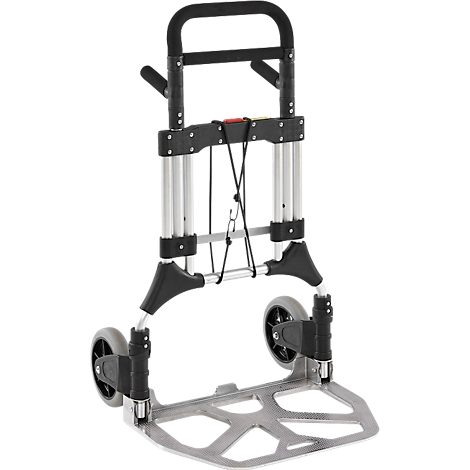 Schäfer Shop Select Diable, capacité de charge 200 kg, pliable, poignées pivotantes, sangle de serrage, 2 roues fixes, aluminium/plastique, rouge-noir-argenté