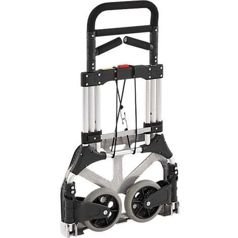 Schäfer Shop Select Diable, capacité de charge 200 kg, pliable, poignées pivotantes, sangle de serrage, 2 roues fixes, aluminium/plastique, rouge-noir-argenté