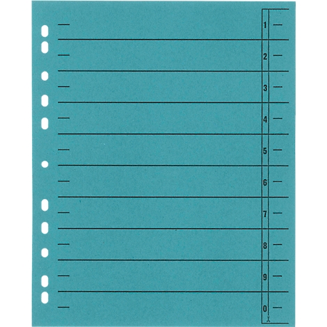 Turquoise blue punched sheet with black lines, numbered from 1 to 0.