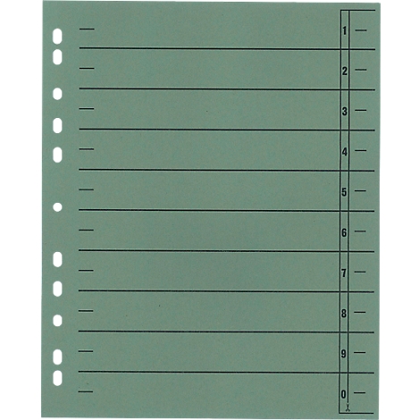Green, lined punched folder with white perforations and numbers from 1 to 0.