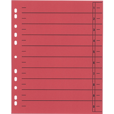 Red punched pocket with black lines and numbers 1-0 for structuring documents.