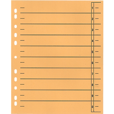 A yellow-orange sheet with horizontal black lines and side holes for filing. On the right side, numbers from 1 to 0 are printed.