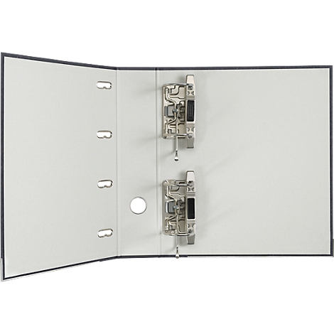 Open folder with metal mechanism and perforations, light gray inside, dark frame.