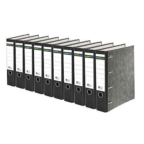 Row of black file folders; some with labeled tags.