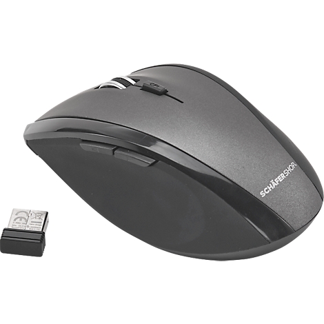 Draadloze computermuis in grijstinten en zwart. Tekst: SCHAEFERSHOP. De USB-ontvanger is zichtbaar.