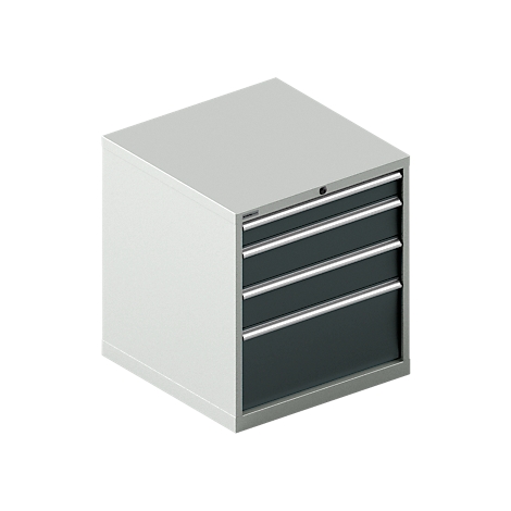 Gray and white tool cabinet with four drawers and handles.