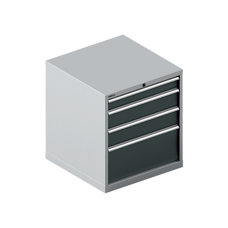 Grey tool cabinet with four drawers and silver handles. There is a lock at the top.