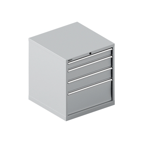 Grey tool cabinet with four drawers, chrome handles and lock.
