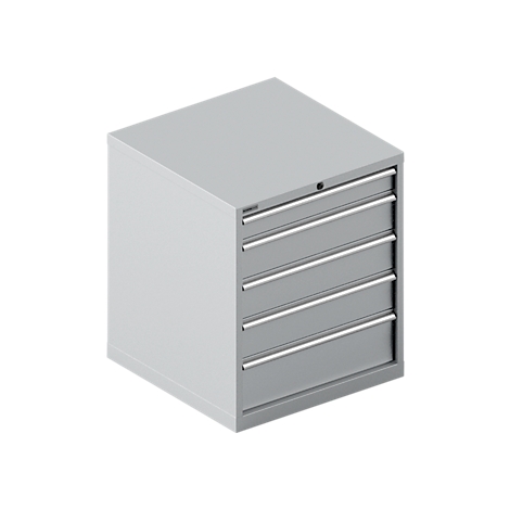 Grey tool cabinet with five drawers. The drawers are marked by horizontal silver handles. The lock is at the top.