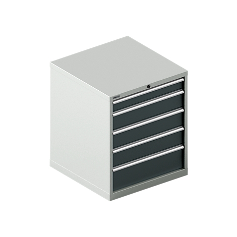 Grey and white tool cabinet with drawers. A lock on top.
