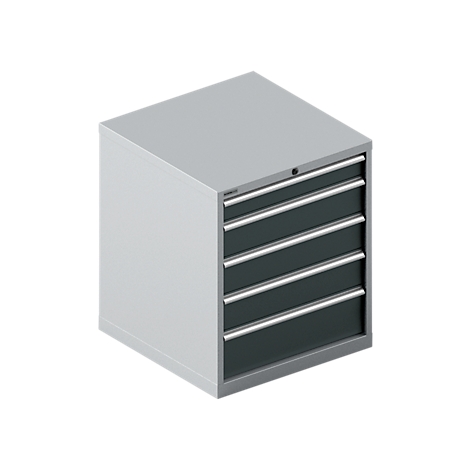 Grey tool cabinet with five drawers and silver handles.