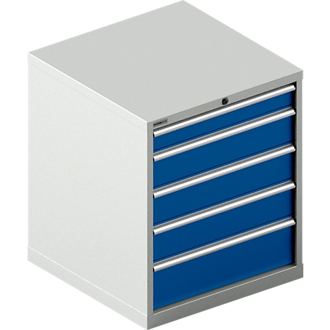 A white-gray tool cabinet with five blue drawers, silver handles, and a lock.