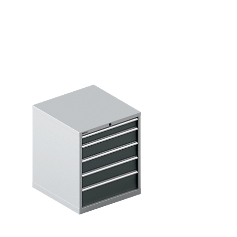 Grey toolbox with five drawers. The drawers are dark gray, the body light gray.