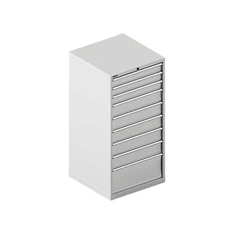 Gray toolbox with seven drawers and silver handles.