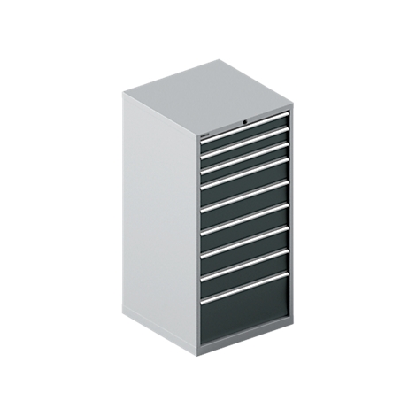 Gray tool cabinet with eight drawers, silver handles. Minimalist style.