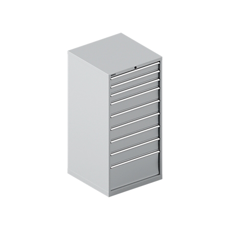 Grey tool cabinet with eight drawers and silver handles.