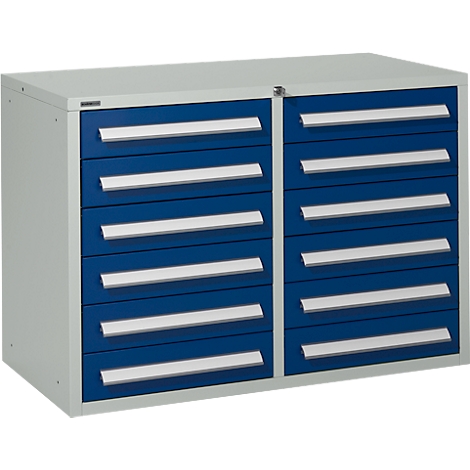 Blue and gray tool cabinet with drawers, silver handles.