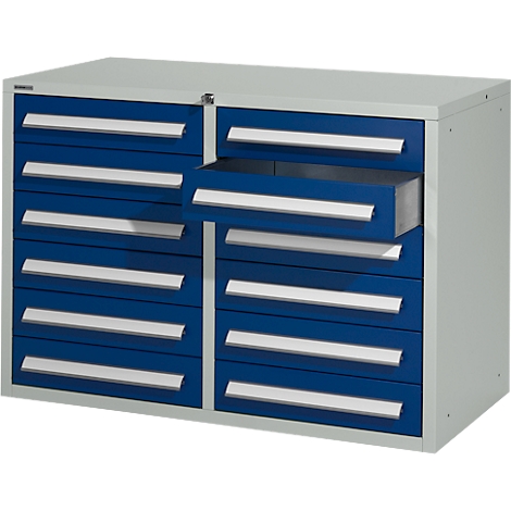 Blue-gray tool cabinet with 14 drawers; one is open.