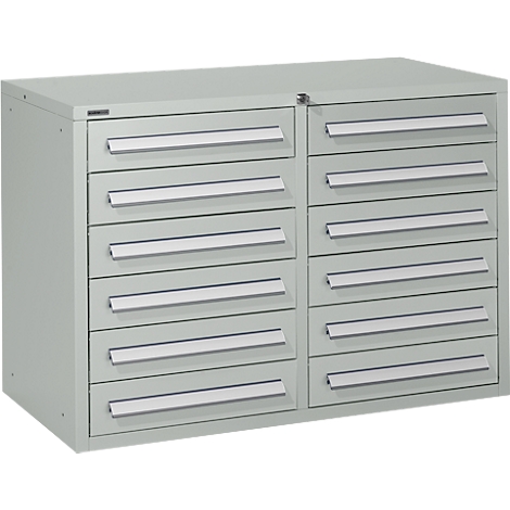 Grey tool cabinet with drawers, handles and lock.