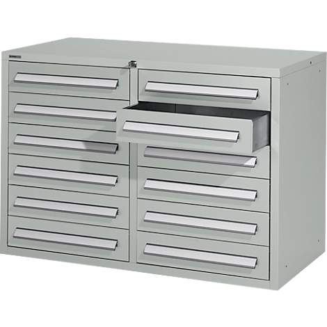 Grey tool cabinet with open drawer. The cabinet has multiple drawers with silver handles.