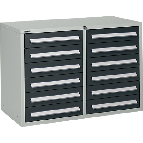 Gray tool cabinet with 12 drawers. The drawers are dark gray with silver handles.