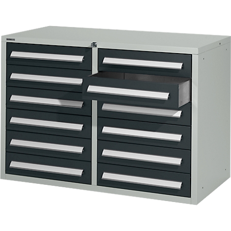 Grey tool cabinet with open drawer, grey drawer fronts, silver handles.
