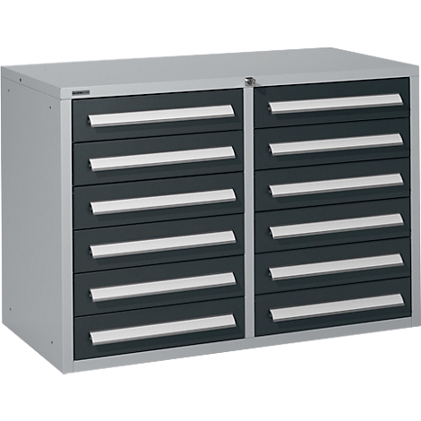 Grey tool cabinet with two columns of drawers, dark drawers with light handles.