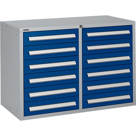 Blue and grey tool cabinet with drawers. Cabinet with two sections, each with drawers in blue and handles in silver. There's a small logo at the top left.
