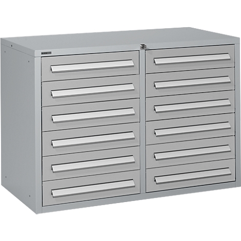 Grey tool cabinet with two columns of six drawers.