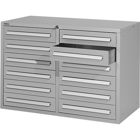 Grey tool cabinet with an open drawer. Silver handles, rectangular shape.