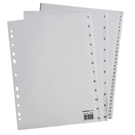 White index cards with black numbers, stacked. Perforations on the left. The numbers go up to 31.