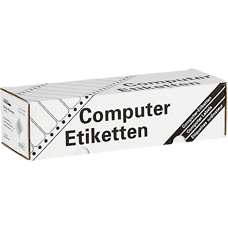Eine rechteckige weiße Verpackung mit schwarzem Schriftzug „Computer Etiketten“. Aufgedruckt sind auch „Computer Labels“ und „Etiquettes ordinateur“.