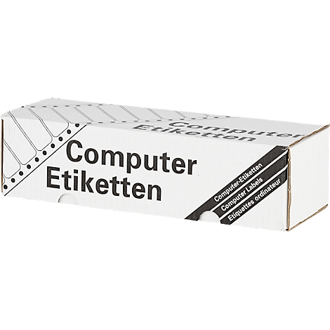 Weißer Karton mit Aufdruck: "Computer Etiketten". Schwarz-weißes Design, mehrere Sprachen.