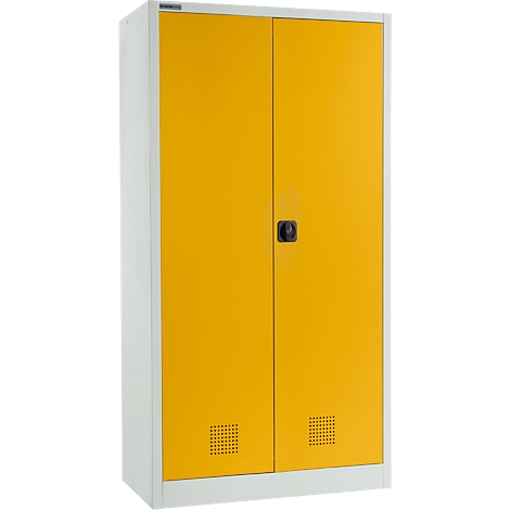 Yellow cabinet with two doors, black handle and ventilation slots. The sides are light grey.