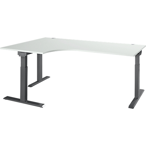 A corner desk, white with gray metal legs. The table top has a rounded corner.