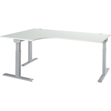 White corner desk, height adjustable, on white background.