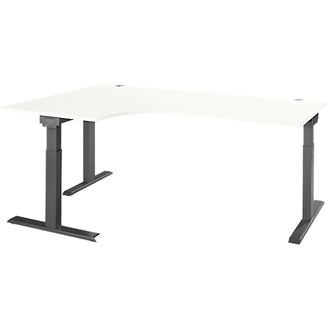 Corner desk with white tabletop and gray, height-adjustable frame.