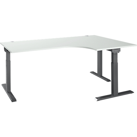 L-shaped desk with white tabletop and grey frame, in low position.