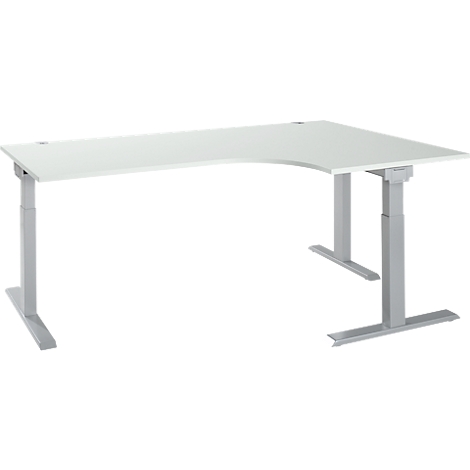 White L-shaped desk with height-adjustable silver legs. The desk has a rounded corner.