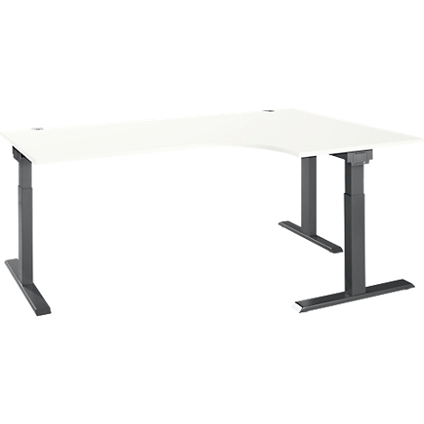 A white, L-shaped desk with adjustable legs. The desk stands against a white background.