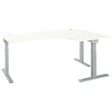 White, height-adjustable corner desk with a gray frame.