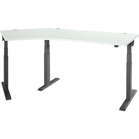 A white L-shaped height-adjustable desk with gray legs stands against a white background.