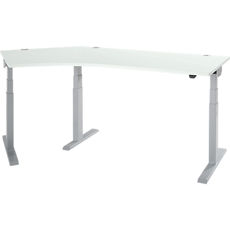 White corner desk with gray height-adjustable legs. The angled design provides more workspace.