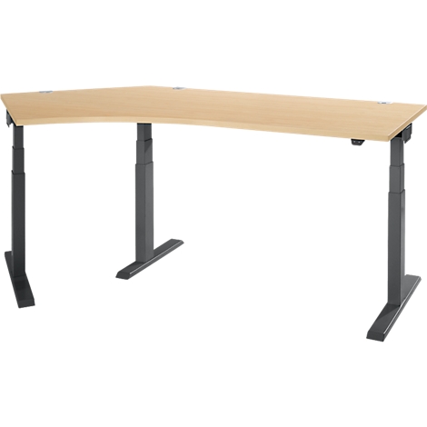 A corner desk with height-adjustable gray legs and a light brown tabletop. The desk is set against a white background.