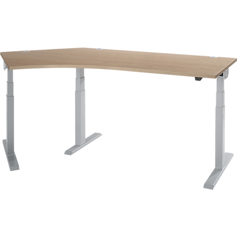 An adjustable corner desk made of light wood with gray legs, against a white background.