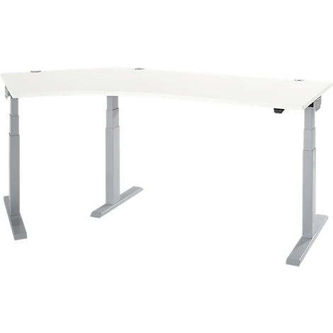 White height-adjustable desk with a rounded corner, grey legs, against a white background.