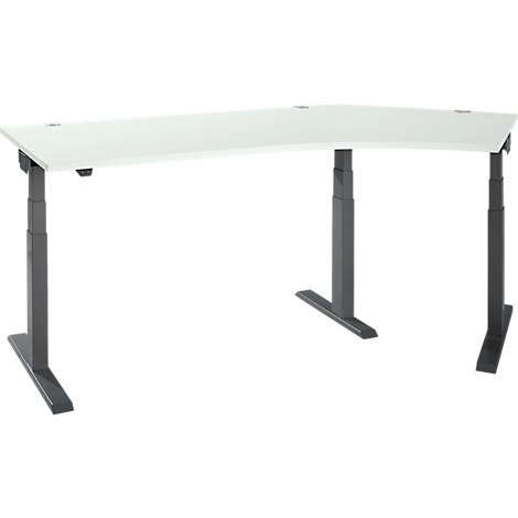 A white, curved corner desk with height-adjustable gray legs, against a white background.